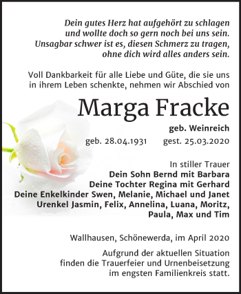 Traueranzeige von Marga Fracke von Super Sonntag Sangerhausen