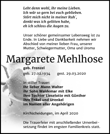Traueranzeige von Margarete Mehlhose von Super Sonntag Naumburg/Nebra