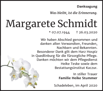 Traueranzeige von Margarete Schmidt von Super Sonntag Aschersleben / Bernburg