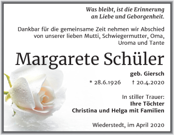 Traueranzeige von Margarete Schüler von Super Sonntag Mansfelder Land