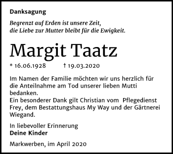 Traueranzeige von Margit Taatz von Super Sonntag Weißenfels