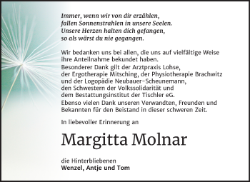 Traueranzeige von Margitta Molnar von Mitteldeutsche Zeitung Wittenberg