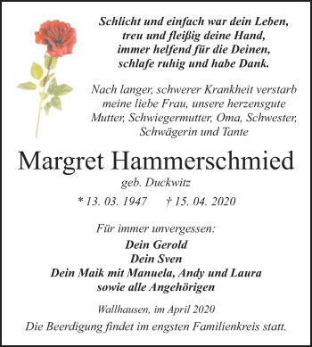 Traueranzeige von Margret Hammerschmied von Mitteldeutsche Zeitung Sangerhausen