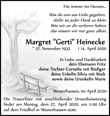 Traueranzeige von Margret  Heinecke von Mitteldeutsche Zeitung Quedlinburg