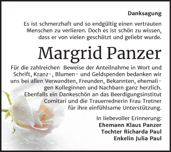 Traueranzeige von Margrid Panzer von Mitteldeutsche Zeitung Zeitz