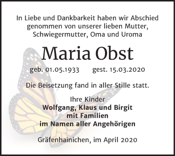 Traueranzeige von Maria Obst von Super Sonntag Wittenberg