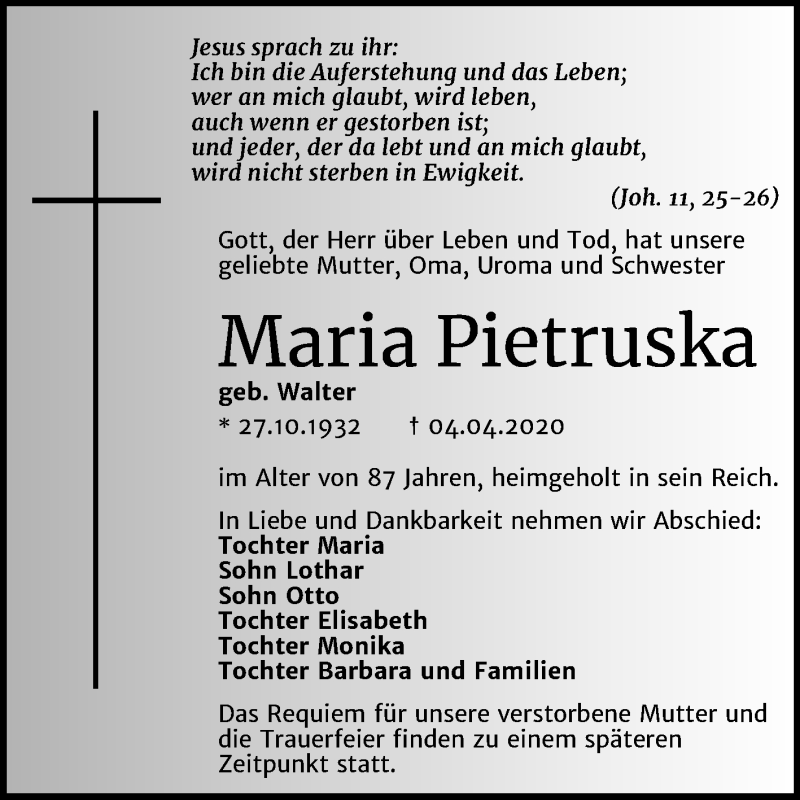  Traueranzeige für Maria Pietruska vom 11.04.2020 aus Super Sonntag Merseburg/Querfurt