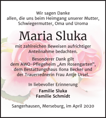 Traueranzeige von Maria Sluka von Mitteldeutsche Zeitung Merseburg/Querfurt / Sangerhausen