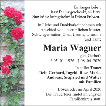Traueranzeige von Maria Wagner von Super Sonntag Sangerhausen
