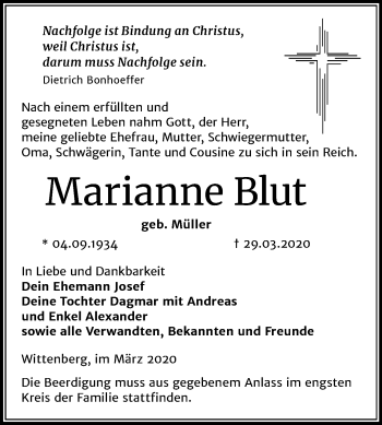 Traueranzeige von Marianne Blut von Mitteldeutsche Zeitung Wittenberg
