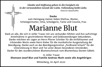 Traueranzeige von Marianne Blut von Mitteldeutsche Zeitung Wittenberg