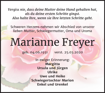 Traueranzeige von Marianne Freyer von Mitteldeutsche Zeitung Weißenfels