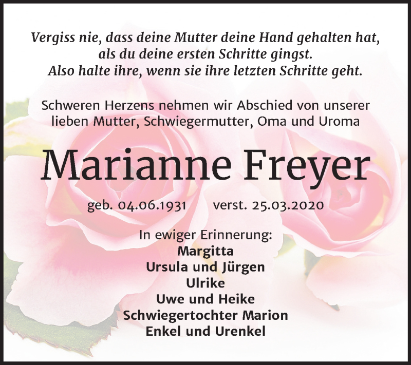  Traueranzeige für Marianne Freyer vom 04.04.2020 aus Super Sonntag Weißenfels