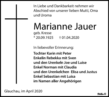 Traueranzeige von Marianne Jauer von Mitteldeutsche Zeitung Zeitz