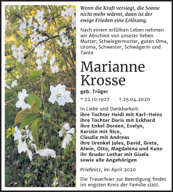 Traueranzeige von Marianne Krosse von Mitteldeutsche Zeitung Naumburg/Nebra