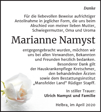 Traueranzeige von Marianne Namyst von Super Sonntag Mansfelder Land
