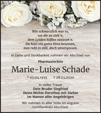 Traueranzeige von Marie-Luise Schade von Mitteldeutsche Zeitung Wittenberg