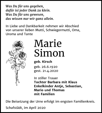Traueranzeige von Marie Simon von Mitteldeutsche Zeitung Merseburg/Querfurt