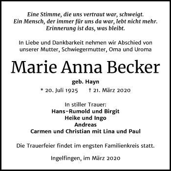 Traueranzeige von Marie Anna Becker von Mitteldeutsche Zeitung Quedlinburg