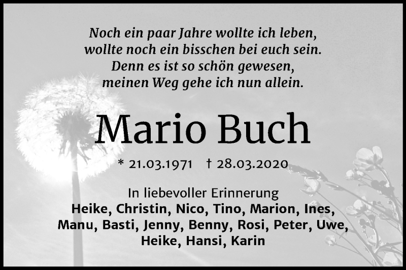 Traueranzeige für Mario Buch vom 04.04.2020 aus Super Sonntag Bernburg