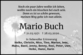 Traueranzeige von Mario Buch von Super Sonntag Bernburg