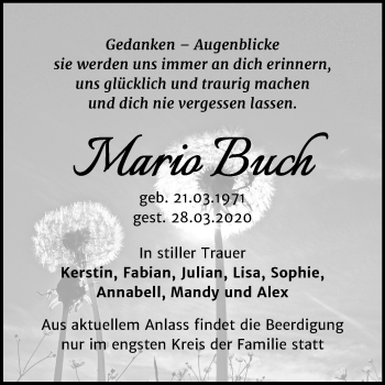 Traueranzeige von Mario Buch von Super Sonntag Bernburg