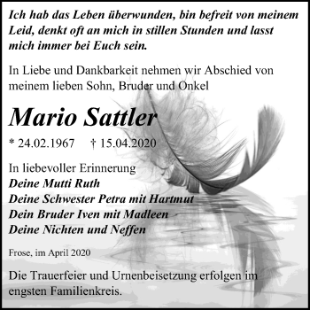 Traueranzeige von Mario Sattler von Super Sonntag Aschersleben