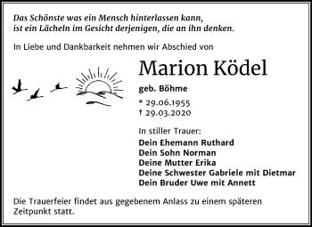 Traueranzeige von Marion Ködel von Mitteldeutsche Zeitung Merseburg/Querfurt
