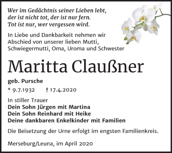 Traueranzeige von Maritta Claußner von Mitteldeutsche Zeitung Merseburg/Querfurt