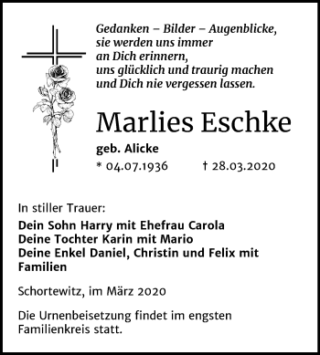 Traueranzeige von Marlies Eschke von Super Sonntag Köthen