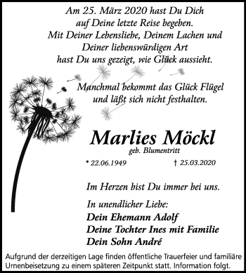 Traueranzeige von Marlies Möckl von Mitteldeutsche Zeitung Merseburg/Querfurt