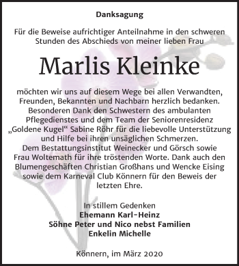 Traueranzeige von Marlis Kleinke von Mitteldeutsche Zeitung Bernburg