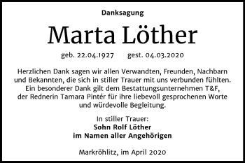 Traueranzeige von Marta Löther von Mitteldeutsche Zeitung Weißenfels