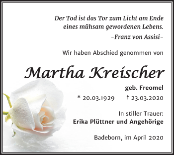 Traueranzeige von Martha Kreischer von Mitteldeutsche Zeitung Quedlinburg