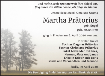 Traueranzeige von Martha Prätorius von Mitteldeutsche Zeitung Wittenberg