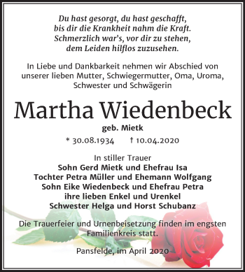 Traueranzeige von Martha Wiedenbeck von Mitteldeutsche Zeitung Quedlinburg