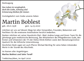 Traueranzeige von Martin Boblest von Super Sonntag Köthen