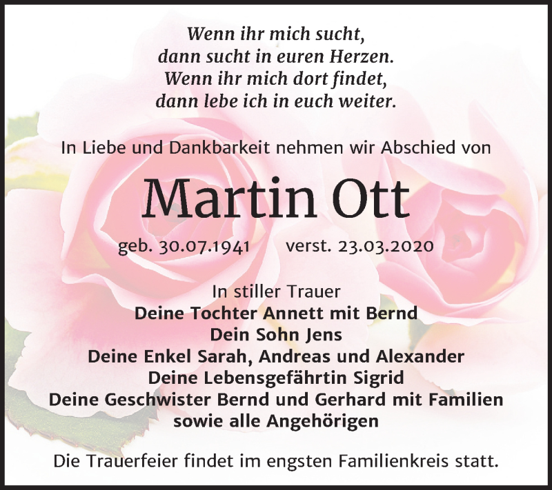  Traueranzeige für Martin Ott vom 04.04.2020 aus Super Sonntag Weißenfels