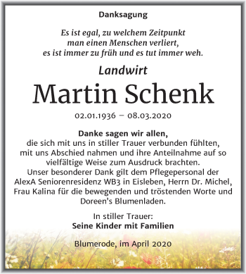 Traueranzeige von Martin Schenk von Super Sonntag Mansfelder Land