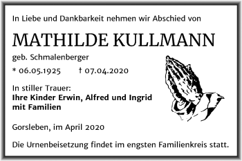Traueranzeige von Mathilde Kullmann von Mitteldeutsche Zeitung Halle/Saalkreis