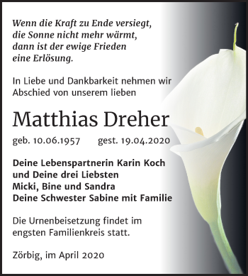 Traueranzeige von Matthias Dreher von Mitteldeutsche Zeitung Bitterfeld
