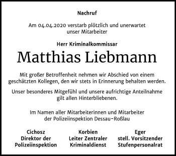 Traueranzeige von Matthias Liebmann von Mitteldeutsche Zeitung Wittenberg