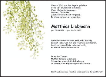 Traueranzeige von Matthias Liebmann von Mitteldeutsche Zeitung Wittenberg