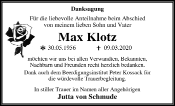 Traueranzeige von Max Klotz von Mitteldeutsche Zeitung Dessau-Roßlau