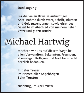 Traueranzeige von Michael Hartwig von Super Sonntag Bernburg