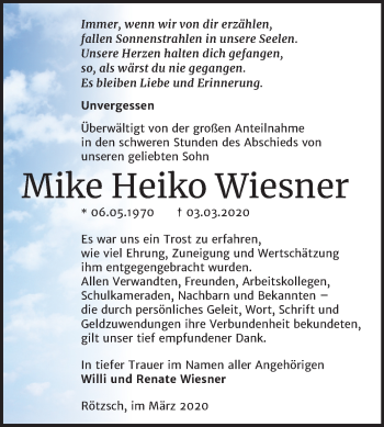 Traueranzeige von Mike Heiko Wiesner von Super Sonntag Wittenberg