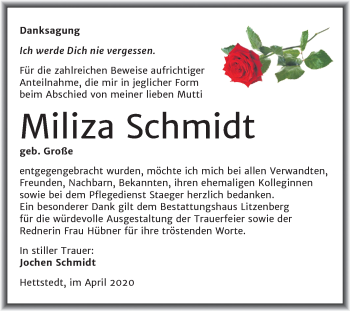 Traueranzeige von Miliza Schmidt von Mitteldeutsche Zeitung Mansfelder Land