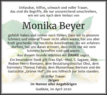 Traueranzeige von Monika Beyer von Super Sonntag Merseburg/Querfurt