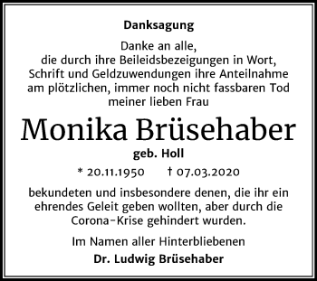Traueranzeige von Monika Brüsehaber von Super Sonntag Dessau-Roßlau