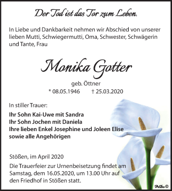 Traueranzeige von Monika Gotter von Mitteldeutsche Zeitung Weißenfels